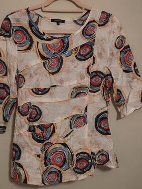 Radzoli Ladies Size Large Cream Multicolor Swirl Layered-Panel Blouse W/Pocket